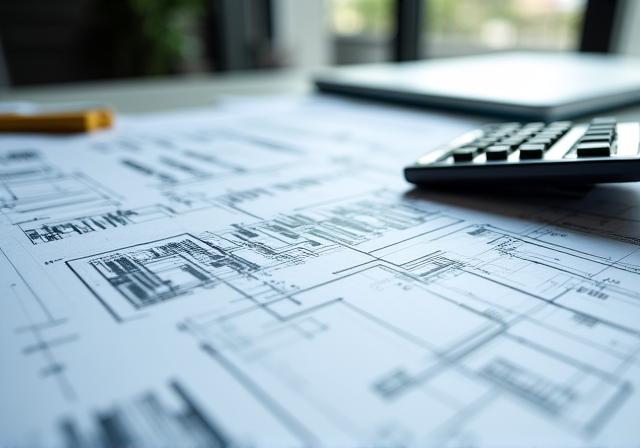 Architectural business blueprint with financial charts