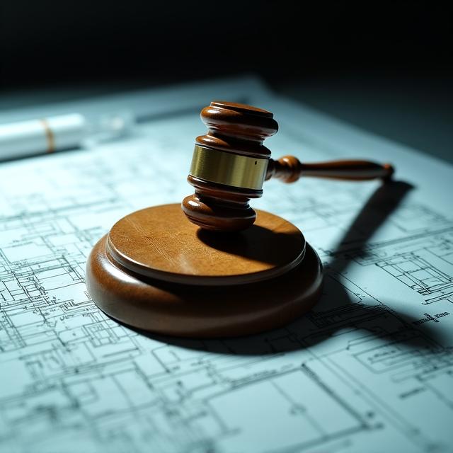 Abstract architectural blueprint and legal gavel