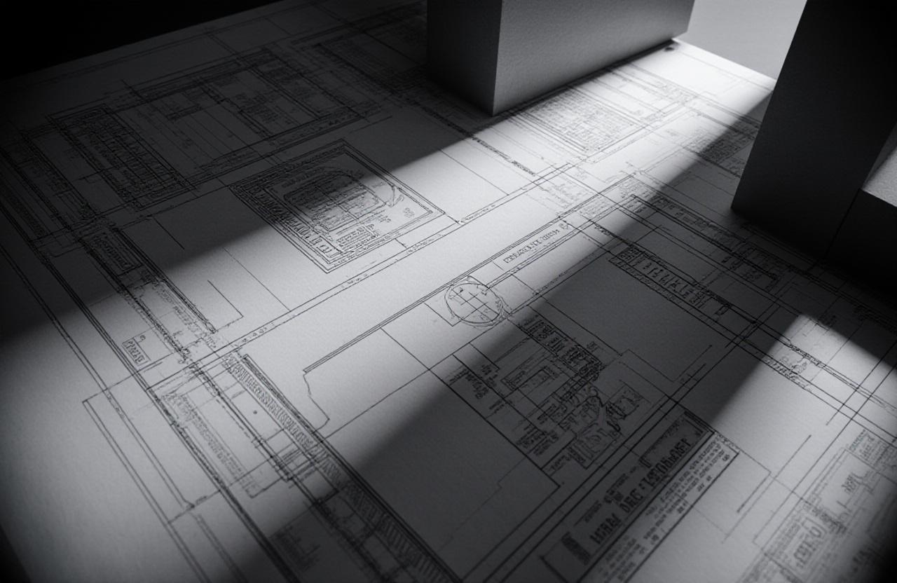 Monochrome architectural blueprint with heavy contrast